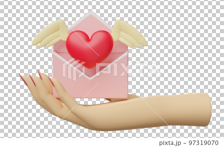 hand holding red heart with wings, flying envelope isolated. notify newsletter, online incoming email, health love or world heart day, valentine's day concept, 3d illustration, 3d render 97319070