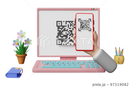 3d computer monitor with hand holding mobile phone, smartphone, qr code scanning isolated. franchise business or online shopping, cashless payment concept, 3d render illustration 3d computer monitor with hand holding mobile phone, smartphone, qr code scanning isolated. franchise business or online shopping, cashless payment concept, 3d render illustration 97319082