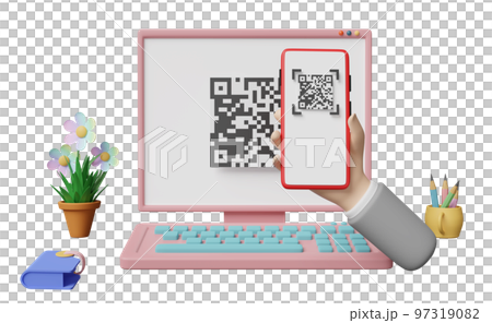 3d computer monitor with hand holding mobile phone, smartphone, qr code scanning isolated. franchise business or online shopping, cashless payment concept, 3d render illustration 3d computer monitor with hand holding mobile phone, smartphone, qr code scanning isolated. franchise business or online shopping, cashless payment concept, 3d render illustration 97319082