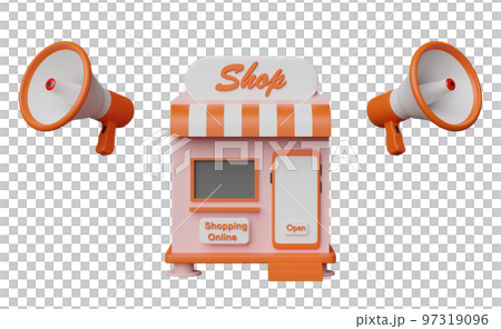 3d shop, store front with megaphone or hand speaker isolated. online marketing shopping, promotion news for social media networks concept, 3d render illustration 3d shop, store front with megaphone or hand speaker isolated. online marketing shopping, promotion news for social media networks concept, 3d render illustration 97319096