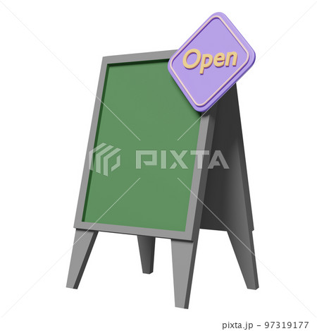 store front green sign with purple label open isolated. concept 3d illustration or 3d render 97319177