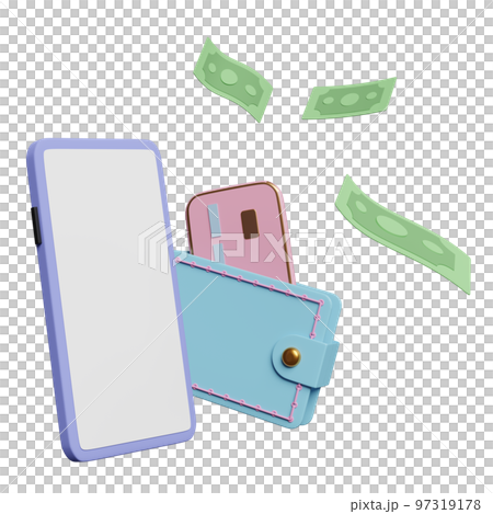 wallet with mobile phone, smartphone, credit card, banknote isolated. saving money concept, 3d illustration or 3d render wallet with mobile phone, smartphone, credit card, banknote isolated. saving money concept, 3d illustration or 3d render 97319178