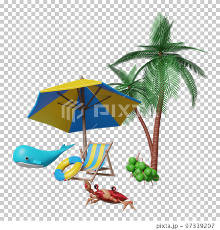 summer travel with beach chair, umbrella, palm tree, coconut, whale, crab, lifebuoy isolated. shopping summer sale concept, 3d illustration, 3d render summer travel with beach chair, umbrella, palm tree, coconut, whale, crab, lifebuoy isolated. shopping summer sale concept, 3d illustration, 3d render 97319207