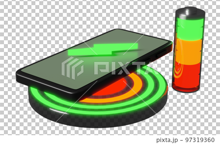 Wireless charging pedestal with smartphone battery isolated. charging battery technology concept, 3d illustration, 3d render 97319360