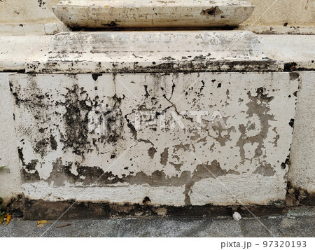 White wall are damaged by water causing mold, lichen and paint peeling 97320193