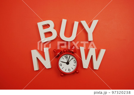 Buy Now alphabet letters on red background 97320238