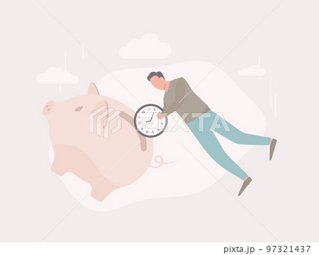 Time saving illustration with a levitating male character with a wall clock and trying to put a clock in the slot of a piggy bank. Scheduling app, planning techniques, work organization and management Time saving illustration with a levitating male character with a wall clock and trying to put a clock in the slot of a piggy bank. Scheduling app, planning techniques, work organization and management 97321437