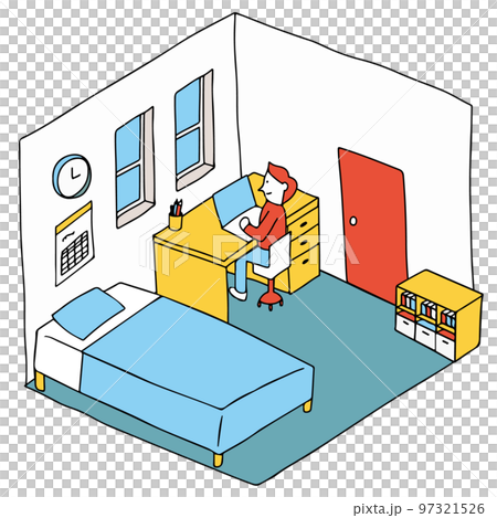 A person at home at a computer A young man studying online in a child's room 97321526