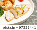 Close-up Turkey breast meat and broccoli on a white plate. Delicious and healthy food. KETO diet concept. Copy space 97322441