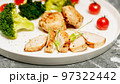 Close-up Turkey breast meat and broccoli on a white plate. Delicious and healthy food. KETO diet concept. Food banner. 97322442