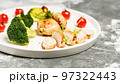 Food banner. Turkey breast meat and broccoli on a white plate. Delicious and healthy food. KETO diet concept 97322443