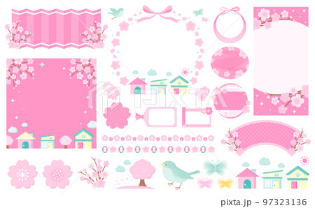 春らしい和風モダンな新生活の桜のフレームとベクターイラストセット素材_背景透過_文字なし 97323136