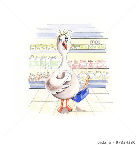 Customer character with shopping list holding a shopping cart, buying groceries in the supermarket. Customer character with shopping list holding a shopping cart, buying groceries in the supermarket. 97324330