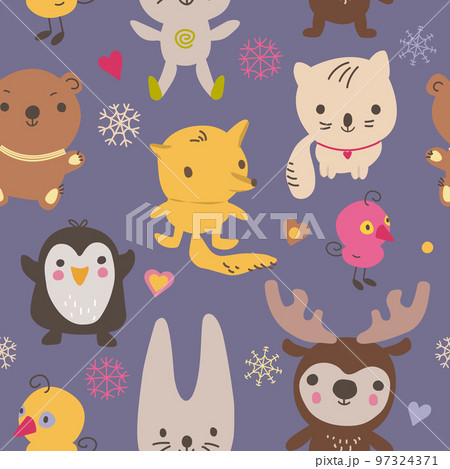 Animals hand drawn seamless pattern. Cute deer, bunny, kitty, bear, fox in sweaters, scarves cartoon winter characters. 97324371