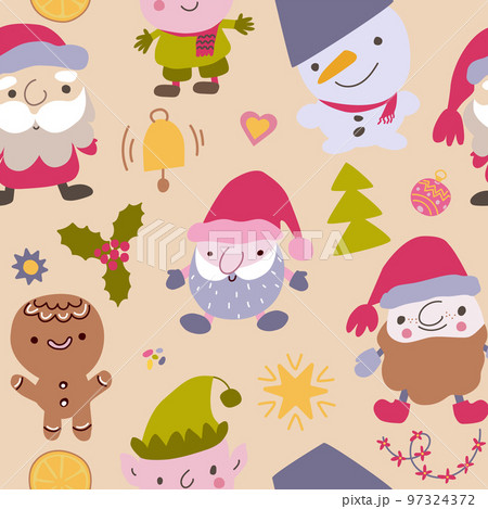 Christmas characters hand drawn seamless pattern. Cute Santa Claus, snowman, elf, gingerbread man and Christmas symbols. 97324372