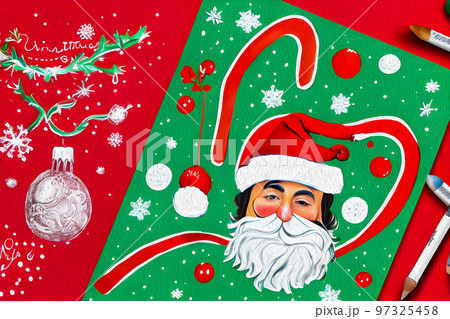 Winter season holiday, Christmas, New Year. Christmas concept. Children's drawings in pencil and paints. Winter season holiday, Christmas, New Year. Christmas concept. Children's drawings in pencil and paints. 97325458