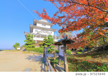 【香川県】真っ赤に紅葉した秋の丸亀城（現存天守と石垣の名城） 97325640
