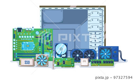 PC components. Computer case with electronic hardware parts. Build or upgrade personal computer vector illustration 97327594