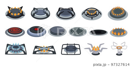 Stove burners. Electric and gas cooker, hob burner with fire flame heat and induction plate cartoon vector set 97327614