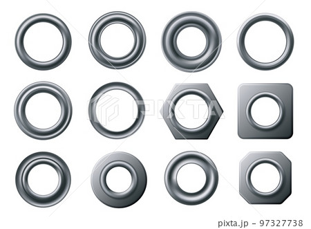 Metal eyelets. Curtain eyelet ring, round grommet and circular fastener with hole isolated vector set Metal eyelets. Curtain eyelet ring, round grommet and circular fastener with hole isolated vector set 97327738