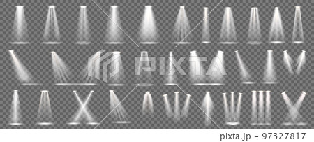 Scene light beam. Stage spotlight overlay effects, spot lamp projection and show illumination vector set 97327817