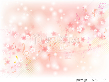 美しいメロディー流れる、桜と音符のフレーム、背景 97328927