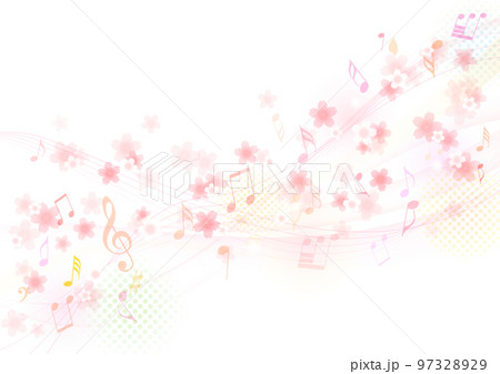 美しいメロディー流れる、桜と音符のフレーム、背景 美しいメロディー流れる、桜と音符のフレーム、背景 97328929