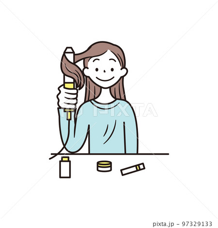 ヘアーアイロンをしているアジア人女性のイラスト素材 ヘアーアイロンをしているアジア人女性のイラスト素材 97329133