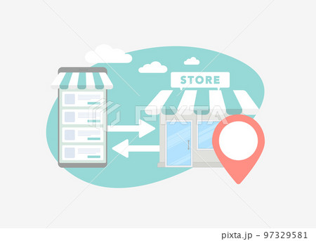 Online to offline - O2O ecommerce concept. Pickup, fitting and checking online order from an offline store. Mobile shopping and mall store building retail marketing strategy Online to offline - O2O ecommerce concept. Pickup, fitting and checking online order from an offline store. Mobile shopping and mall store building retail marketing strategy 97329581