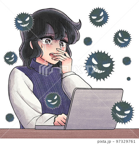 古い少女マンガ風イラスト・ノートパソコンがウィルスに感染して泣く女性 古い少女マンガ風イラスト・ノートパソコンがウィルスに感染して泣く女性 97329761