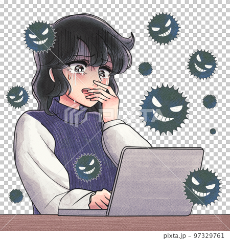 古い少女マンガ風イラスト・ノートパソコンがウィルスに感染して泣く女性 古い少女マンガ風イラスト・ノートパソコンがウィルスに感染して泣く女性 97329761