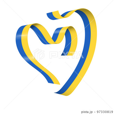 Ukraine national color ribbon flag in form of heart. Yellow and blue stripe abstract ribbor silhouette for support people in war with Russia 97330819