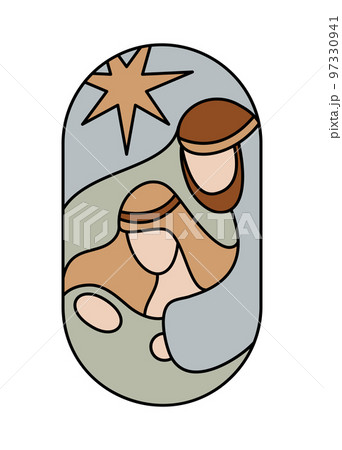 Vector color Christmas Christian religious Nativity Scene of baby Jesus with Mary, Joseph and star in round. Logo icon sketch. Doodle hand drawn illustration 97330941