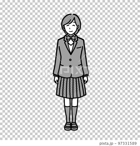 穿著西裝外套制服的女學生全身圖單色正面圖 穿著西裝外套制服的女學生全身圖單色正面圖 97331589