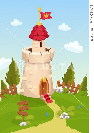Castle, fantasy tower with wooden medieval door and golden decorations, stairs and flag game asset in cartoon style isolated on white background. Ui game icon.  97331671