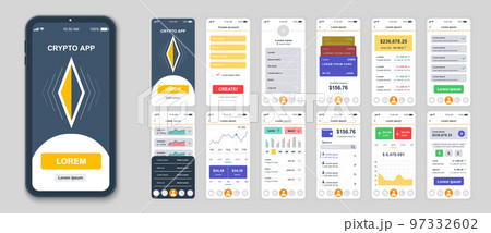 Set of UI, UX, GUI screens Cryptocurrency app flat design template for mobile apps 97332602