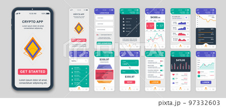 Set of UI, UX, GUI screens Cryptocurrency app flat design template for mobile apps 97332603