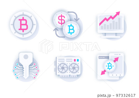 Cryptocurrency web concept of 3d paper icons set. Pack flat pictograms of bitcoin, currency exchange, profit growth, cryptography, blockchain, crypto farm. Vector elements for mobile app and website 97332617