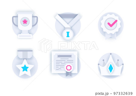 Award web concept of 3d paper icons set. Pack flat pictograms of winning gold cup, first place medal, award badge, victory star, diploma certificate, crown. Vector elements for mobile app and website 97332639