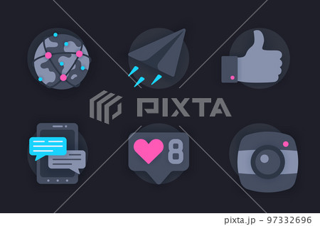 Social network web concept of 3d paper icons set. Pack flat pictograms of global internet, online communication, chat messages, photo, likes and thumbs up. Vector elements for website in dark style Social network web concept of 3d paper icons set. Pack flat pictograms of global internet, online communication, chat messages, photo, likes and thumbs up. Vector elements for website in dark style 97332696