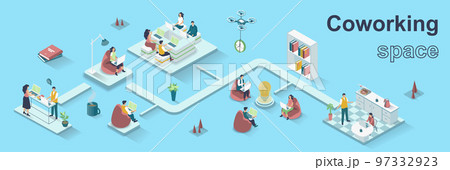 Coworking space concept 3d isometric web banner. People working in open office, brainstorming, business communication and teamwork. Vector illustration for landing page and web template design 97332923