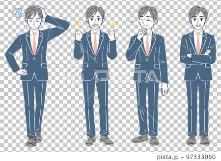 A man in a business suit Full-body illustration set of facial expression poses (worried guts pose admiration smile) A man in a business suit Full-body illustration set of facial expression poses (worried guts pose admiration smile) 97333080