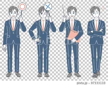 A man in a business suit Full-body illustration set of facial expression poses (Marubatsu 〇× tag Teaching with a pointing stick Questions) 97333110