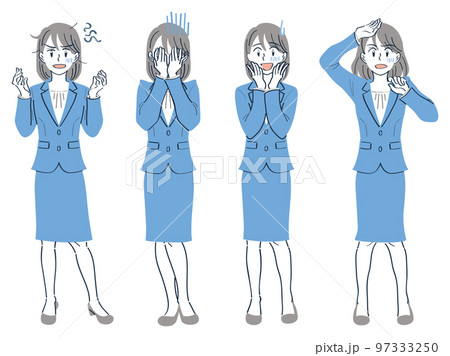 ビジネススーツの女性 表情ポーズの全身イラストセット(イライラ がっかり 困る ショック) ビジネススーツの女性 表情ポーズの全身イラストセット(イライラ がっかり 困る ショック) 97333250