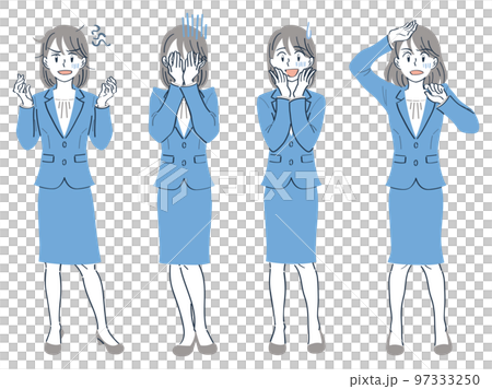 ビジネススーツの女性 表情ポーズの全身イラストセット(イライラ がっかり 困る ショック) ビジネススーツの女性 表情ポーズの全身イラストセット(イライラ がっかり 困る ショック) 97333250