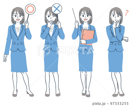 ビジネススーツの女性 表情ポーズの全身イラストセット(マルバツ〇×の札 指さし棒で教える 疑問) ビジネススーツの女性 表情ポーズの全身イラストセット(マルバツ〇×の札 指さし棒で教える 疑問) 97333255