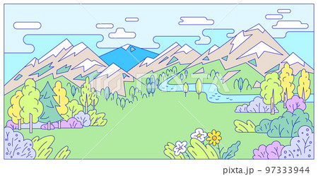 Landscape terrain view, river outdoor high mountain and national forest park woodland, hide peaceful location cartoon line vector illustration. Landscape terrain view, river outdoor high mountain and national forest park woodland, hide peaceful location cartoon line vector illustration. 97333944