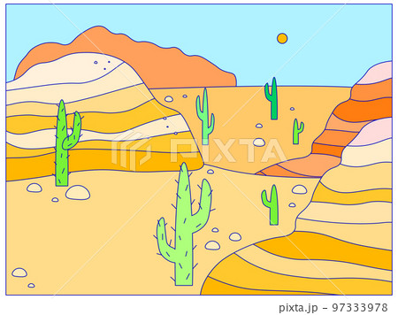 American desert place, landscape natural sand dunes and hill, wilderness sunrise with wild cactus cartoon line vector illustration. 97333978