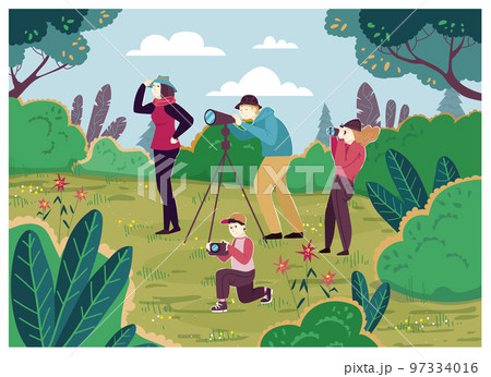 Modern young family watching bird wild outdoor city park, character male female and children cartoon vector illustration. 97334016