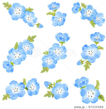 春の青いネモフィラの水彩画ワンポイント素材セットのイラスト素材
